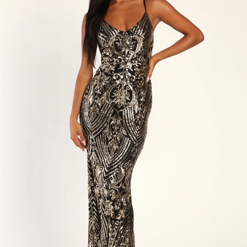 Truly Alluring Black and Gold Sequin Mermaid Maxi Dress